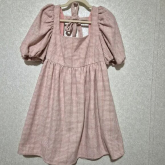JAQUIE THE LABEL....Pink Plaid Puff Sleeve Mini Sundress..SIZE:M - Picture 1 of 7